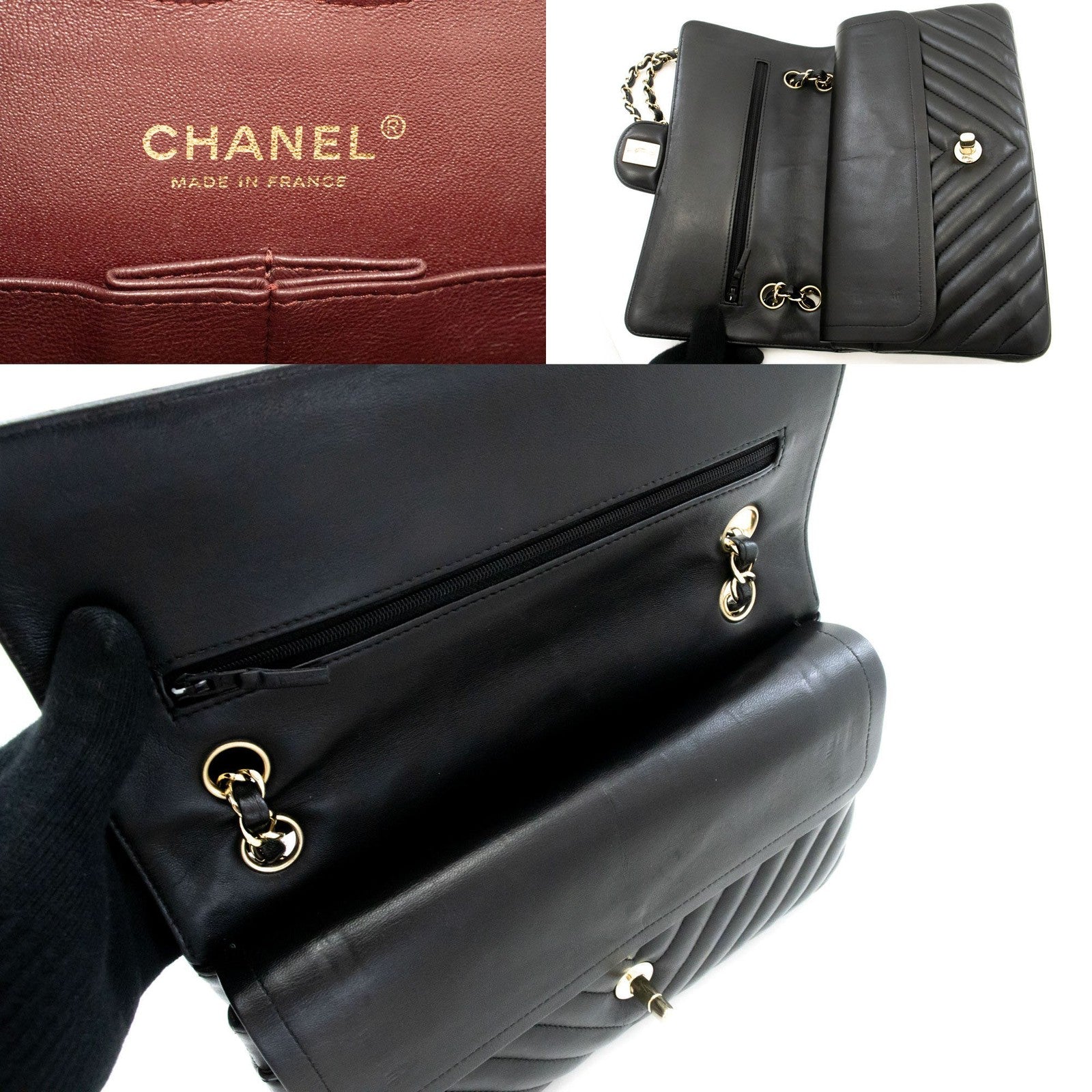 Chanel Timeless - Classic Double Flap Chevron Lambskin Black Leather Shoulder Bag Bag (Pre-Owned)