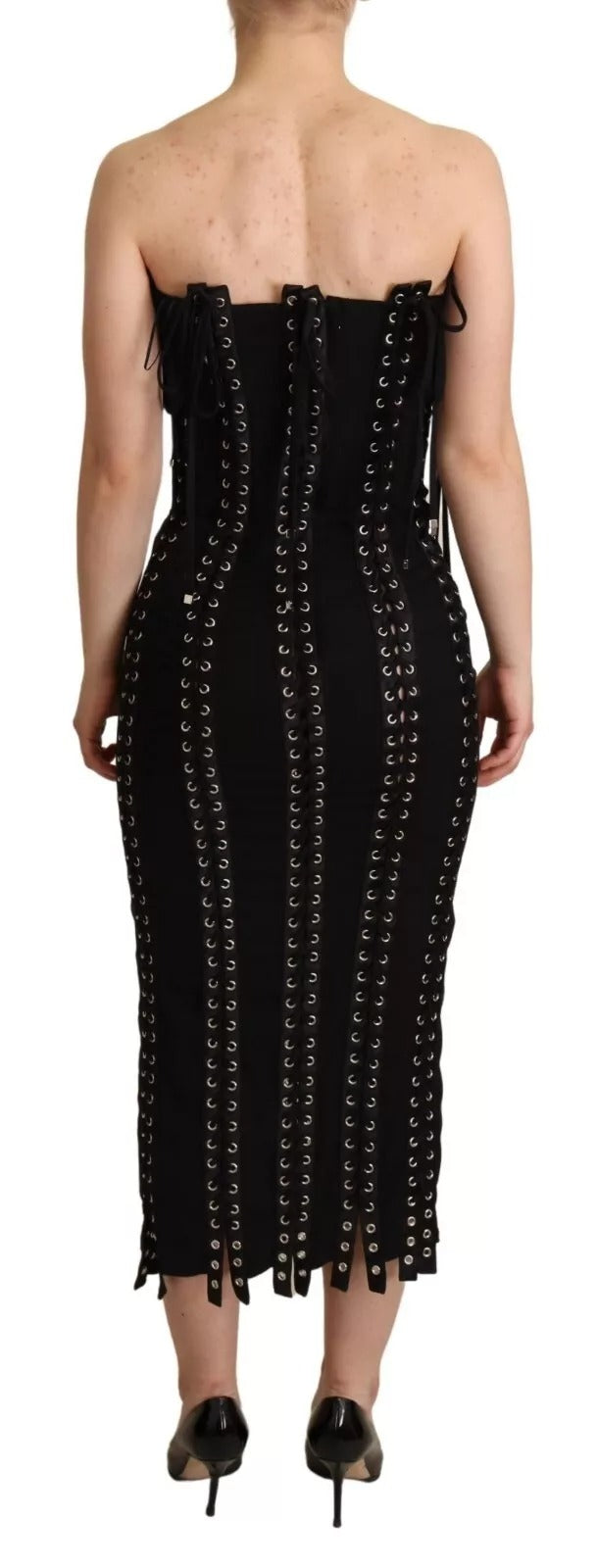 Dolce & Gabbana Black Cady Sleeveless Lace Up Bodycon Women's Dress