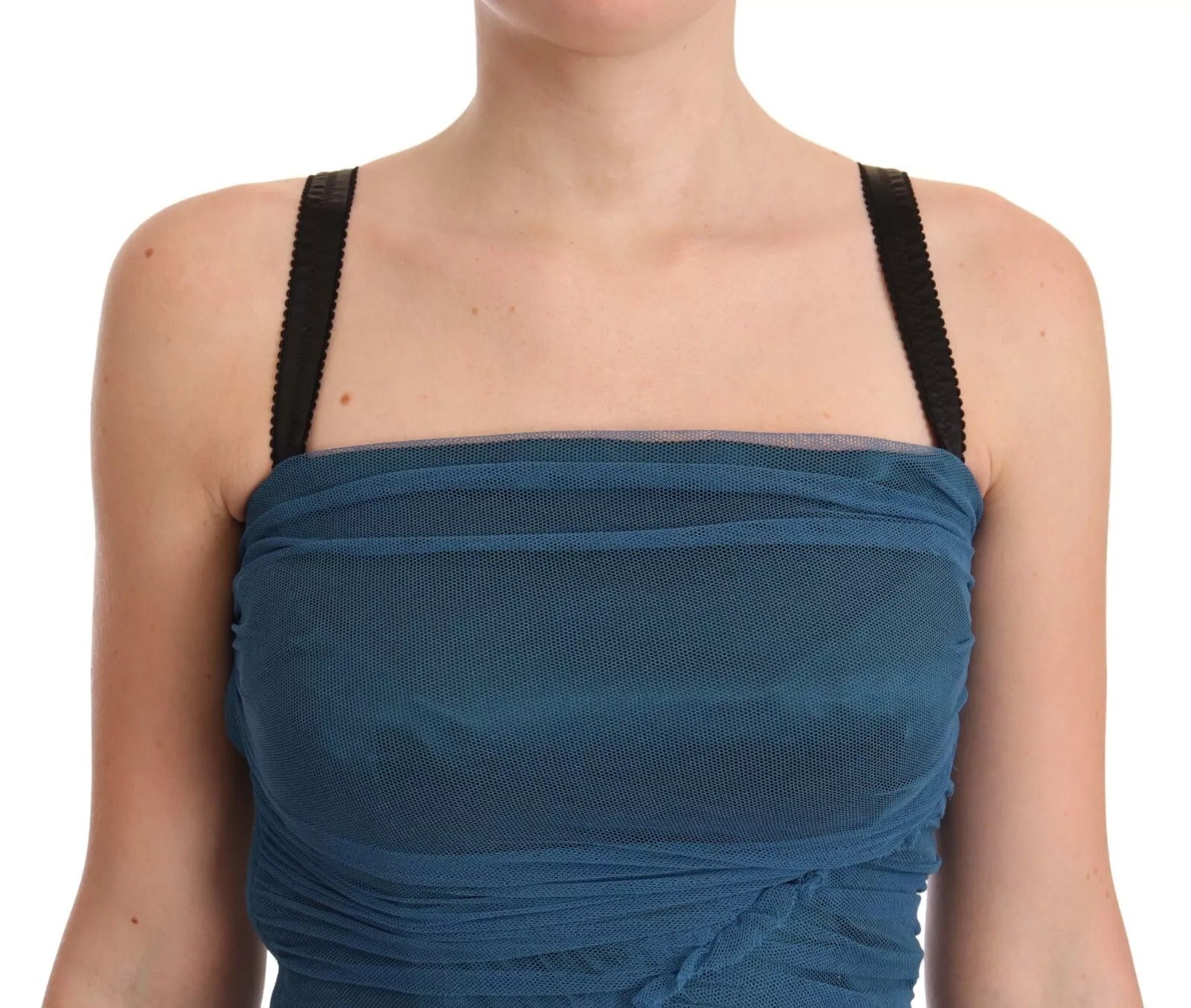 Dolce & Gabbana Blue Mesh Trim Ruched Tulle Sheath Women's Dress (Pre-Owned)
