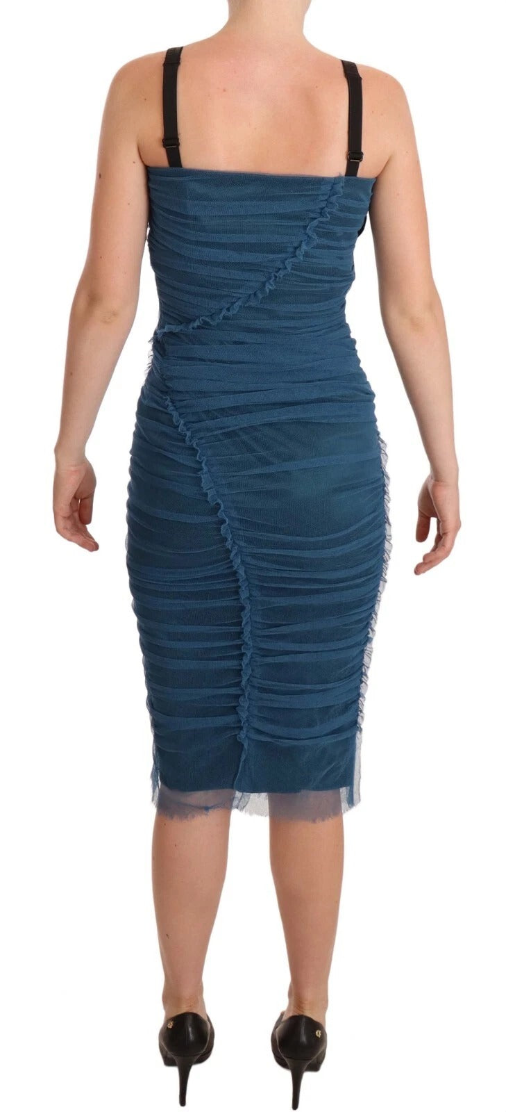 Dolce & Gabbana Blue Mesh Trim Ruched Tulle Sheath Women's Dress (Pre-Owned)