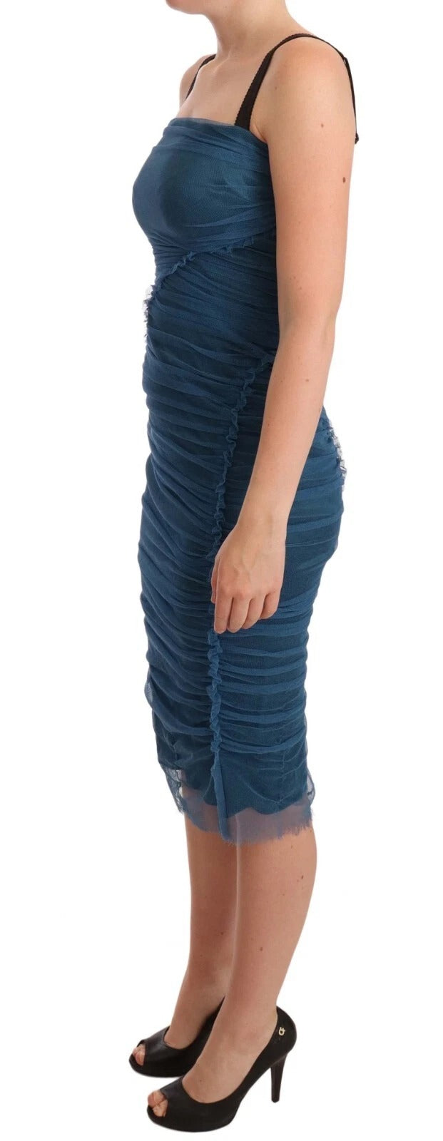 Dolce & Gabbana Blue Mesh Trim Ruched Tulle Sheath Women's Dress (Pre-Owned)