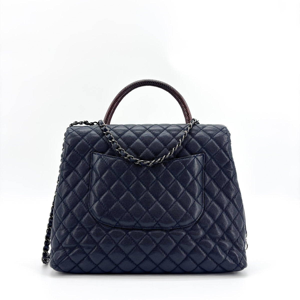 Chanel Coco Top Handle Quilted Caviar With Lizard Navy Leather Handbag (Pre-Owned)