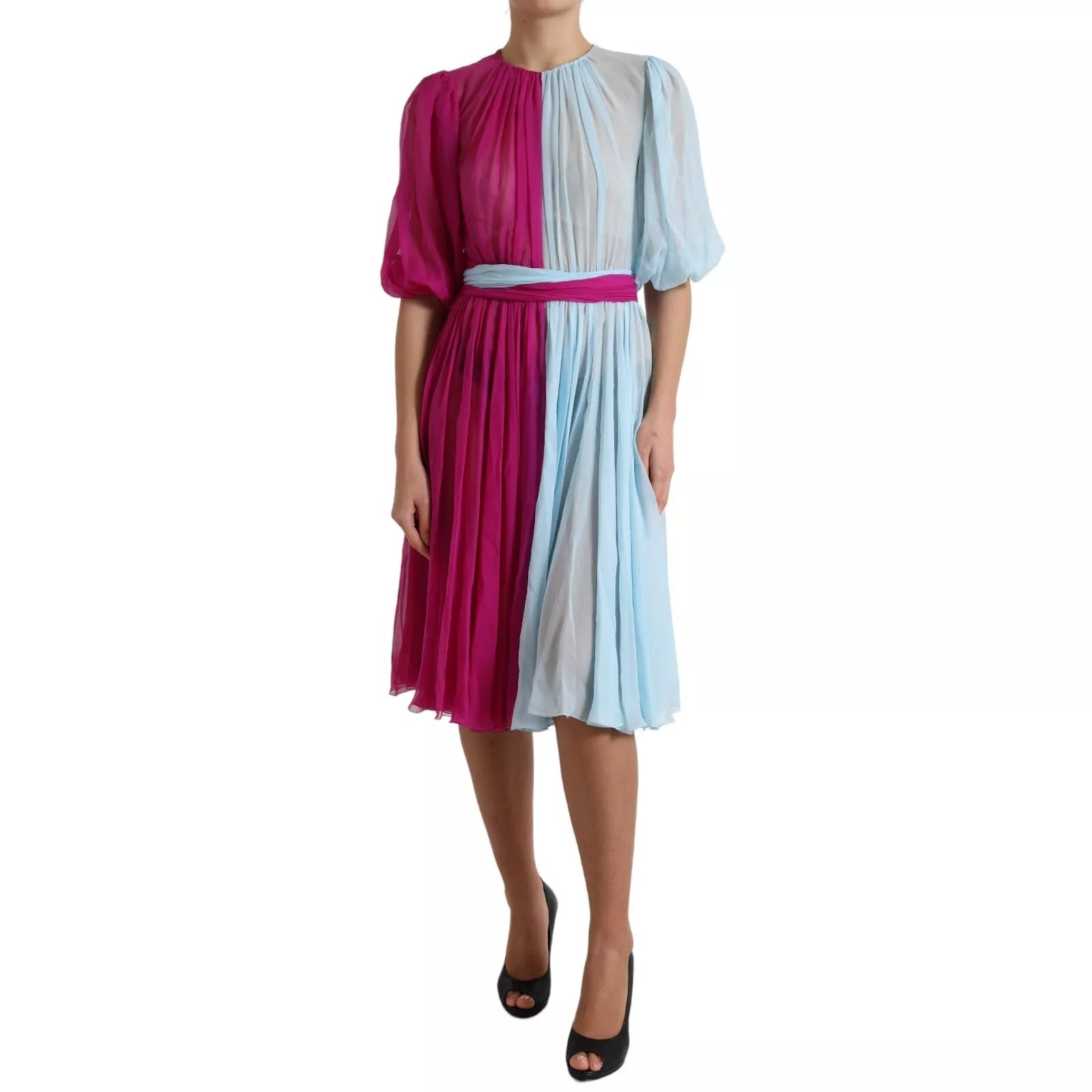 Dolce & Gabbana Light Blue Silk Two Tone Midi Women's Dress