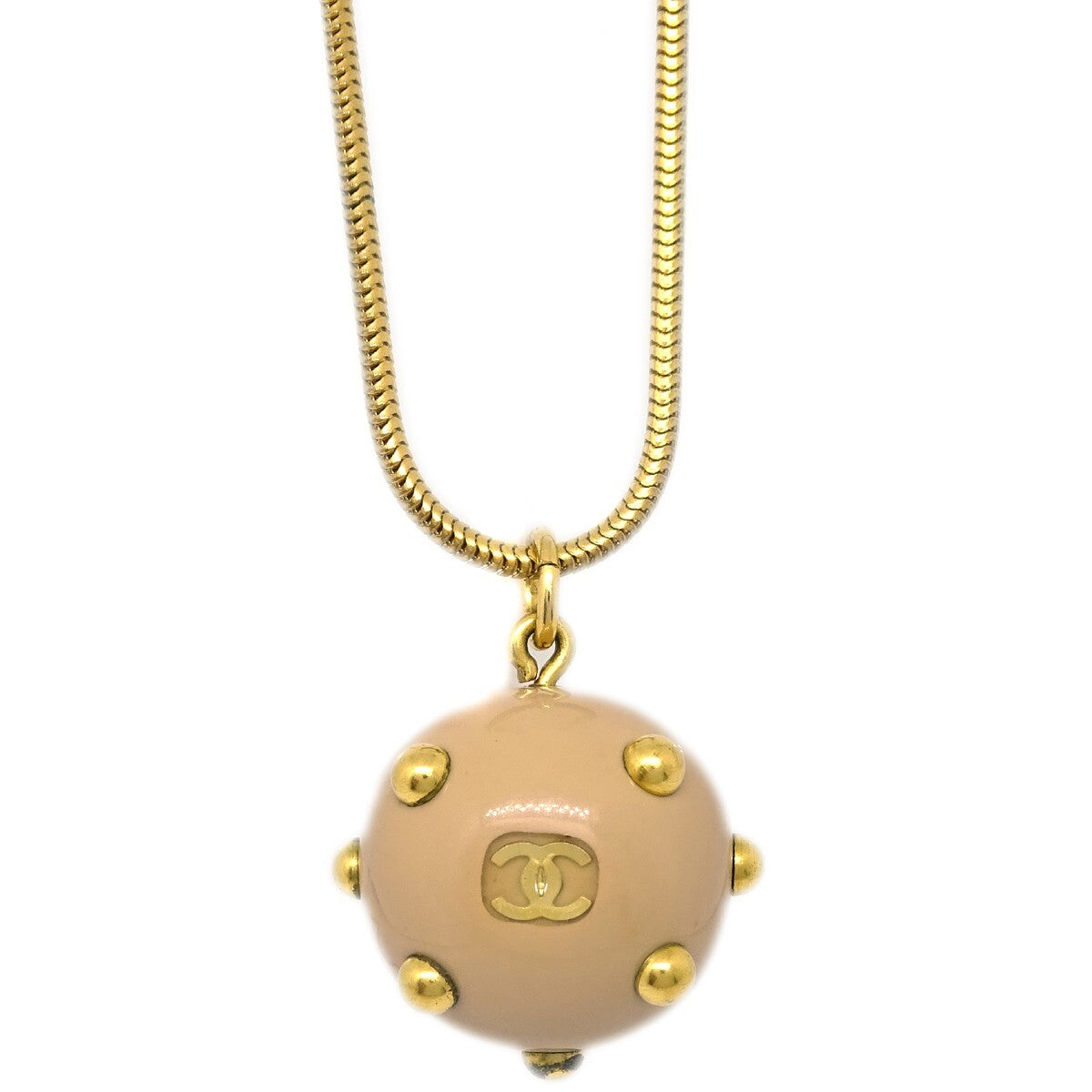 Chanel Vintage Cc Ball Pendant Metal And Enamel Beige Gold_Plated Necklace Jewelry (Pre-Owned)
