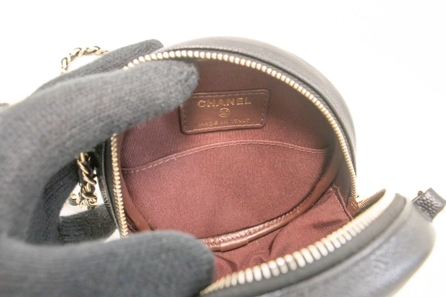 Chanel Round Compartment Clutch With Chain Quilted Caviar Leather Black Calfskin Clutche & Pouche Bag (Pre-Owned)