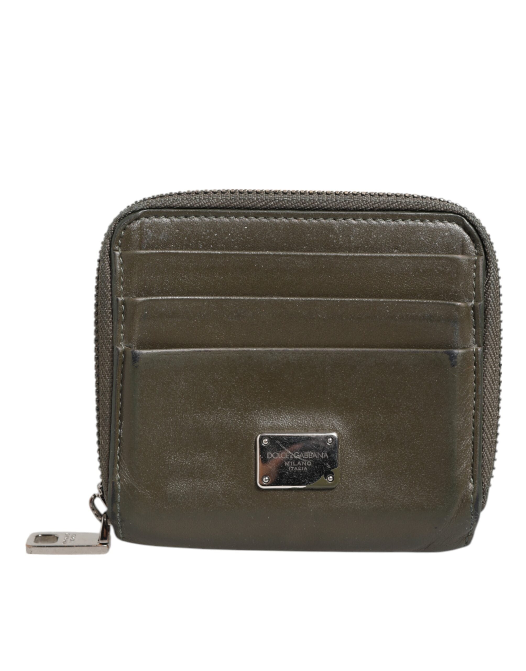 Dolce & Gabbana Military Green Leather Logo Plaque Card Holder Coin Purse Men's Wallet (Pre-Owned)