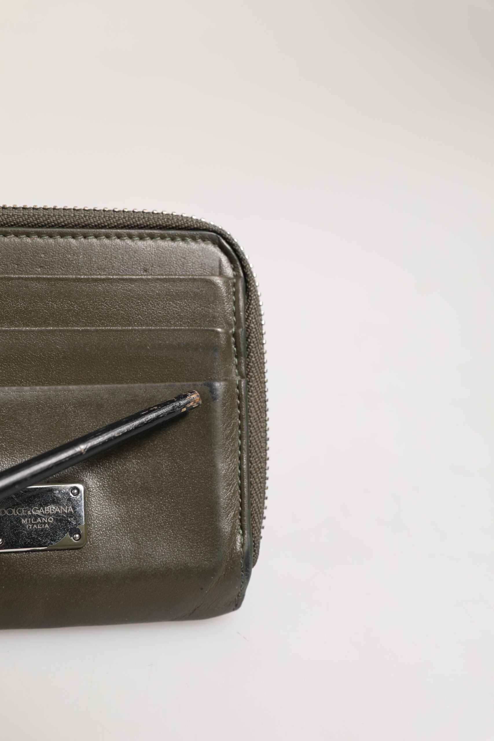 Dolce & Gabbana Military Green Leather Logo Plaque Card Holder Coin Purse Men's Wallet (Pre-Owned)
