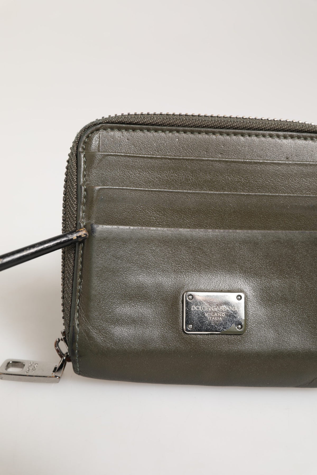 Dolce & Gabbana Military Green Leather Logo Plaque Card Holder Coin Purse Men's Wallet (Pre-Owned)
