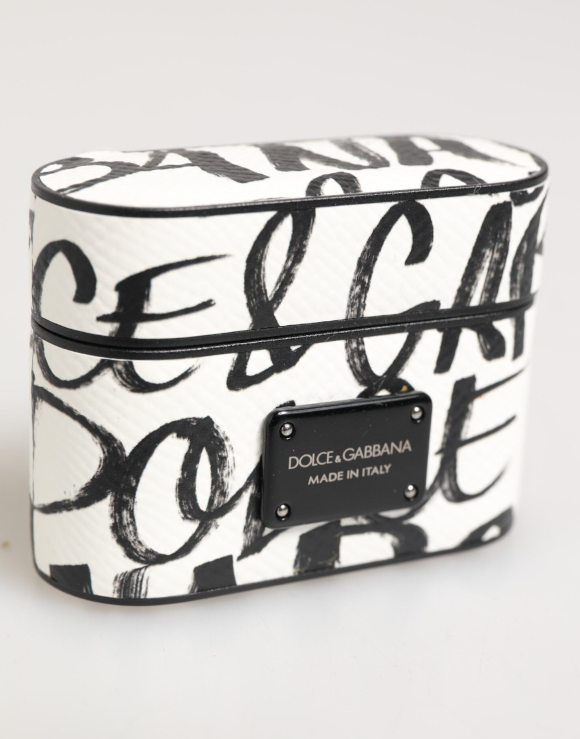 Dolce & Gabbana Black White Leather Monogram Print Logo Holder Airpods  Case