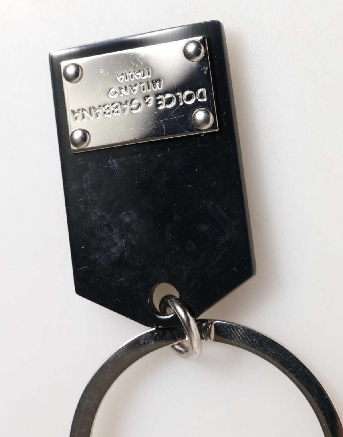Dolce & Gabbana Black Sint Glass Plaque DG Logo Metal PlateKeychain Men's Keyring