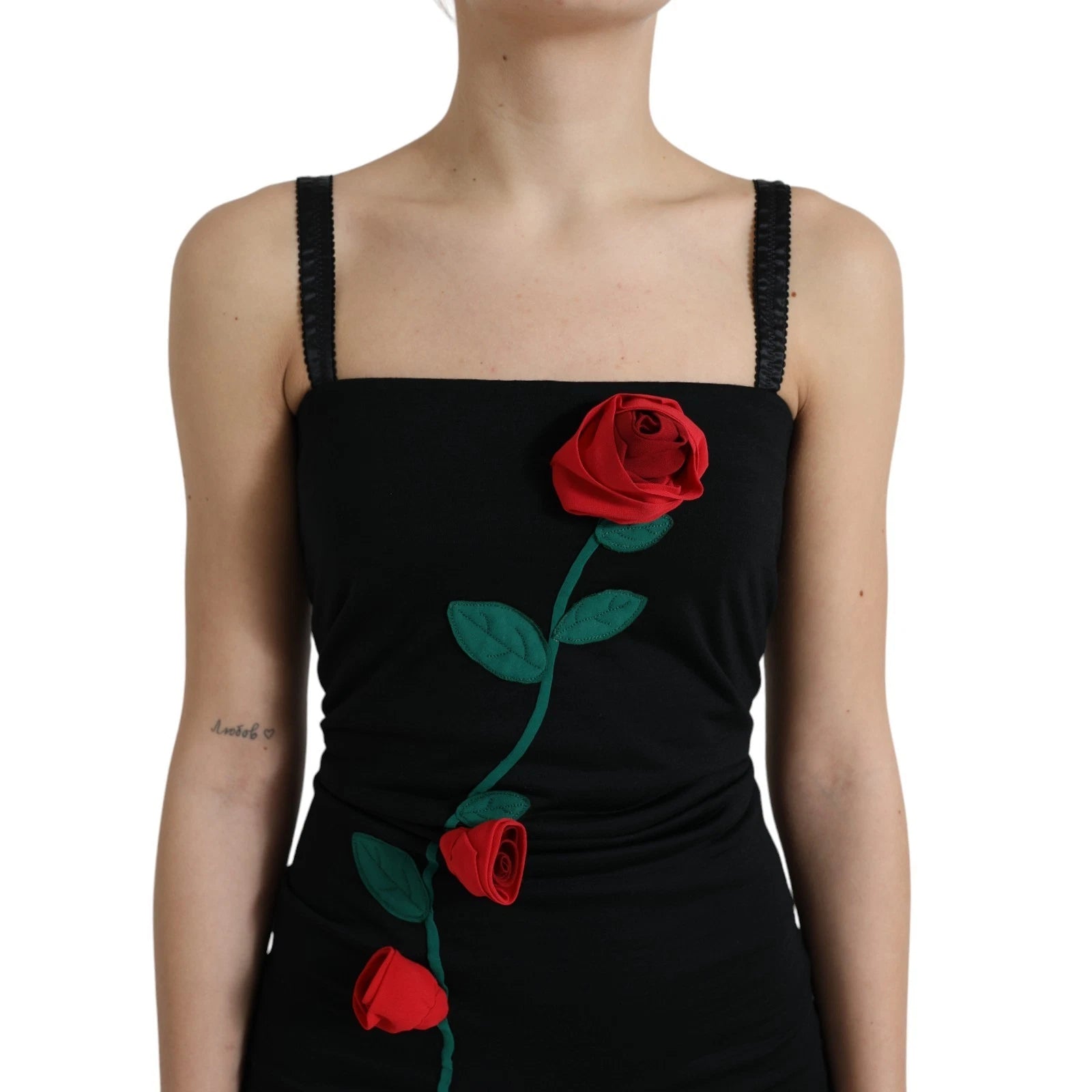 Dolce & Gabbana Black Wool Sleeveless Rose Applique Women's Dress (Pre-Owned)