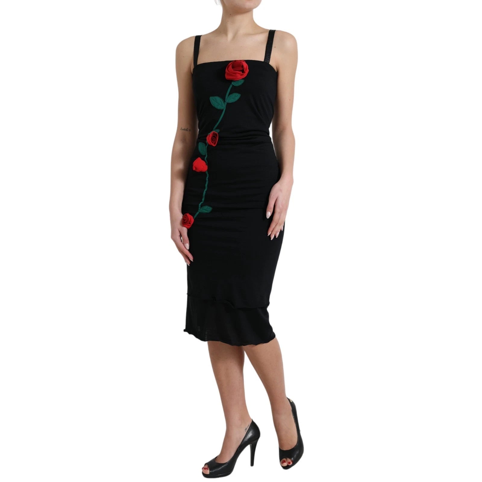 Dolce & Gabbana Black Wool Sleeveless Rose Applique Women's Dress (Pre-Owned)