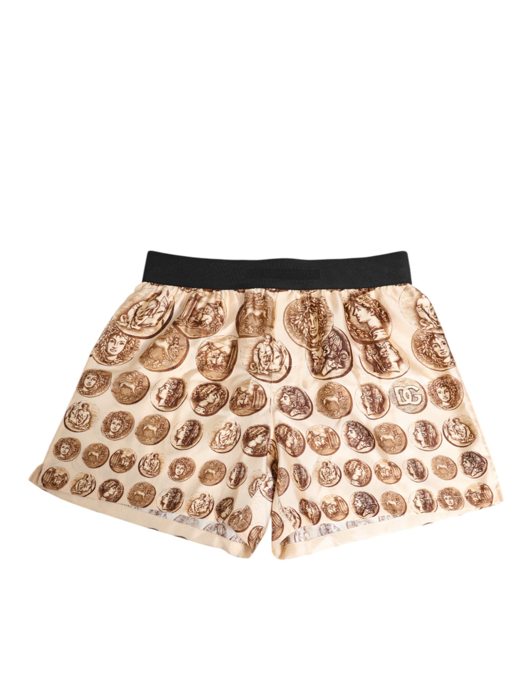 Dolce & Gabbana Brown Ancient Coin Print Silk Shorts Men's Swimwear