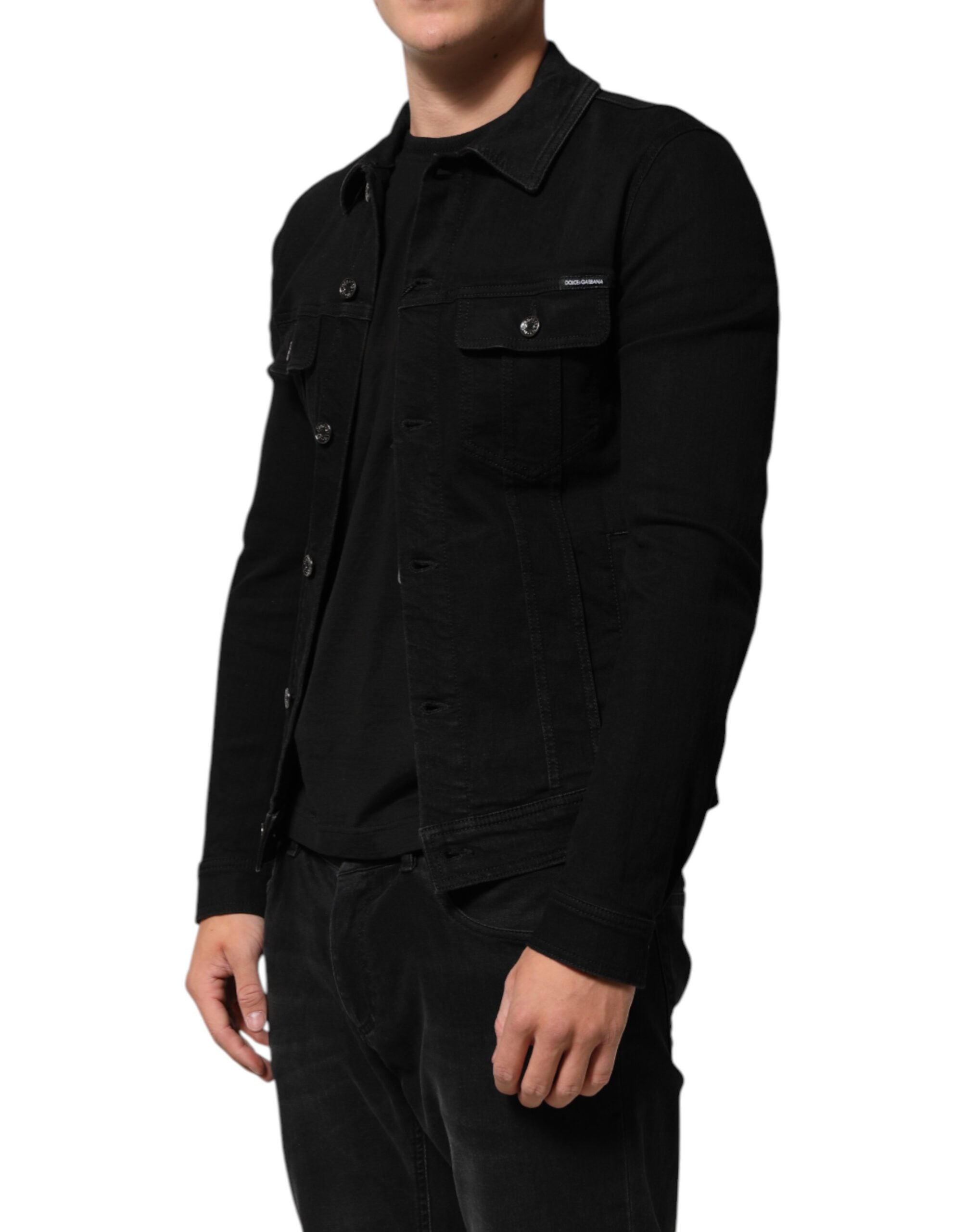 Dolce & Gabbana Black Cotton Denim Stretch Button Up Men's Jacket