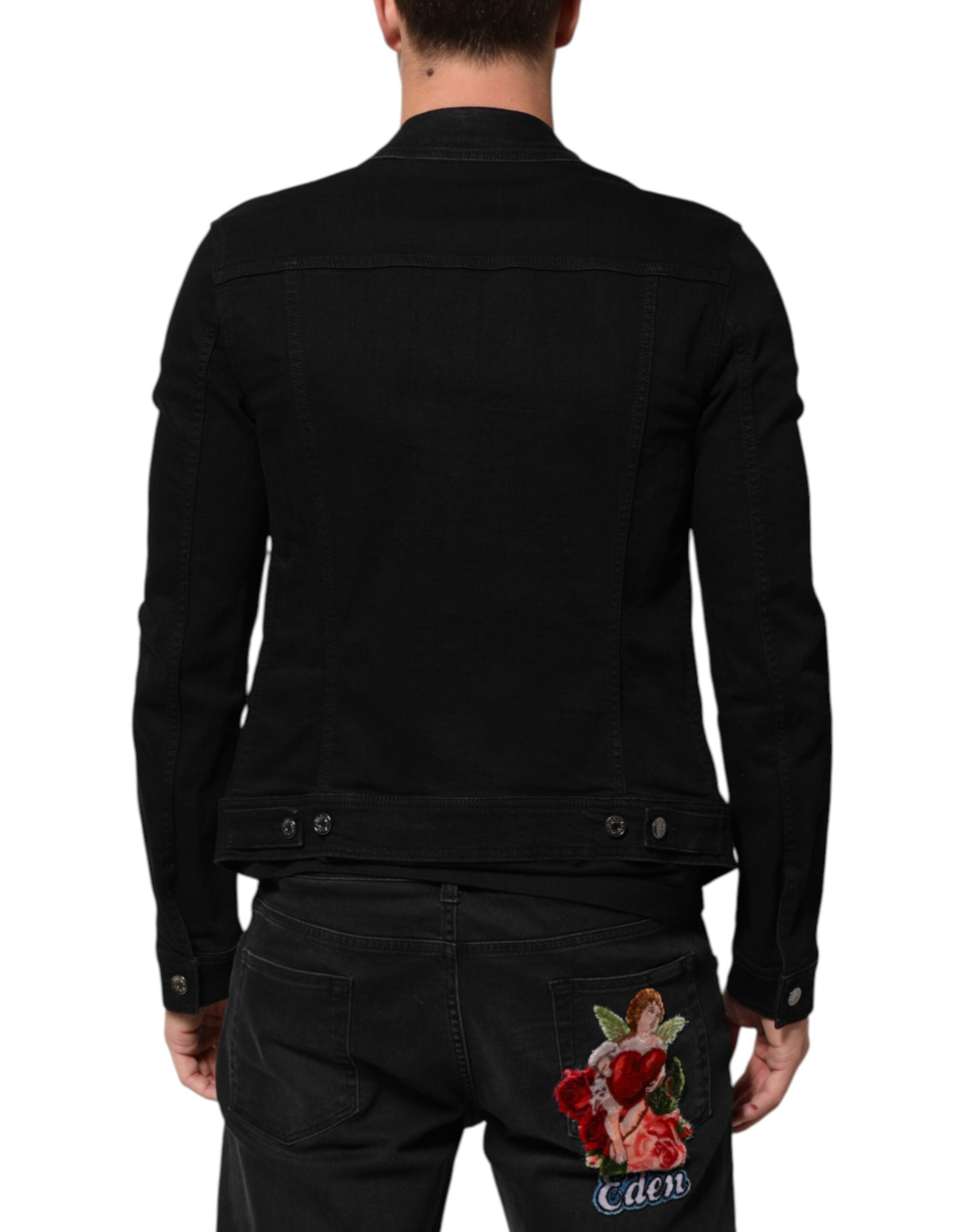 Dolce & Gabbana Black Cotton Denim Stretch Button Up Men's Jacket