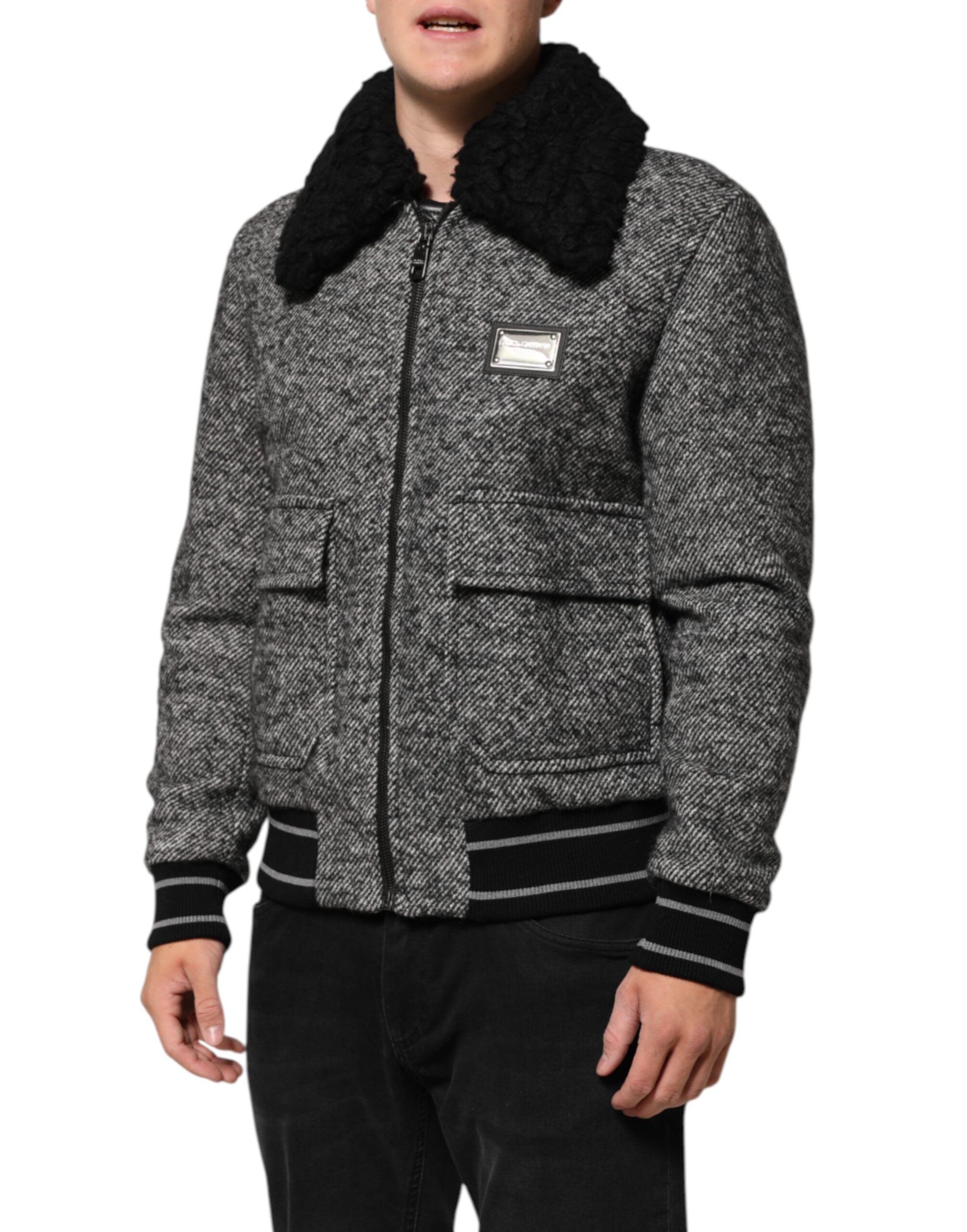 Dolce & Gabbana Gray Wool Herringbone Shearling Collar Bomber Men's Jacket