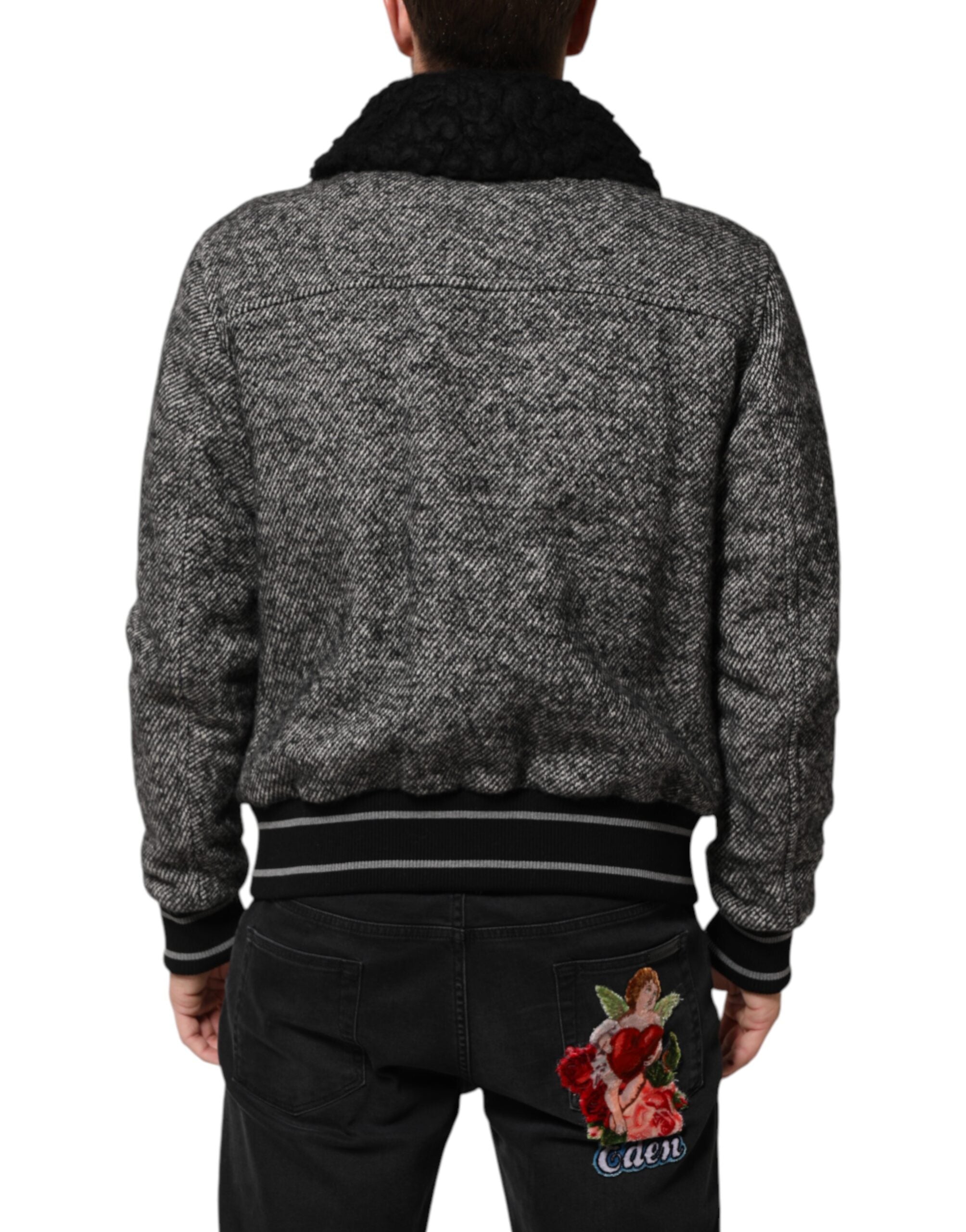 Dolce & Gabbana Gray Wool Herringbone Shearling Collar Bomber Men's Jacket