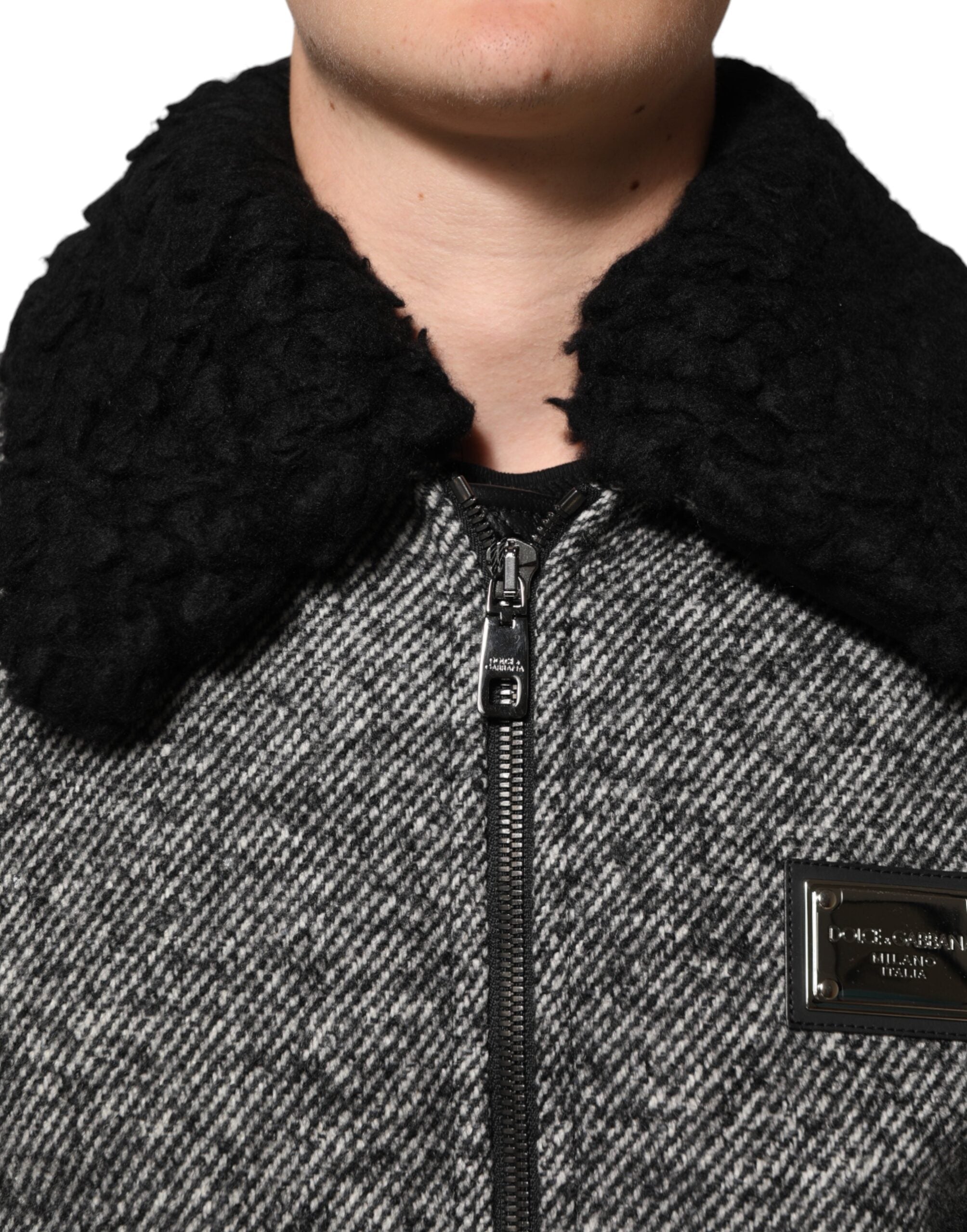 Dolce & Gabbana Gray Wool Herringbone Shearling Collar Bomber Men's Jacket