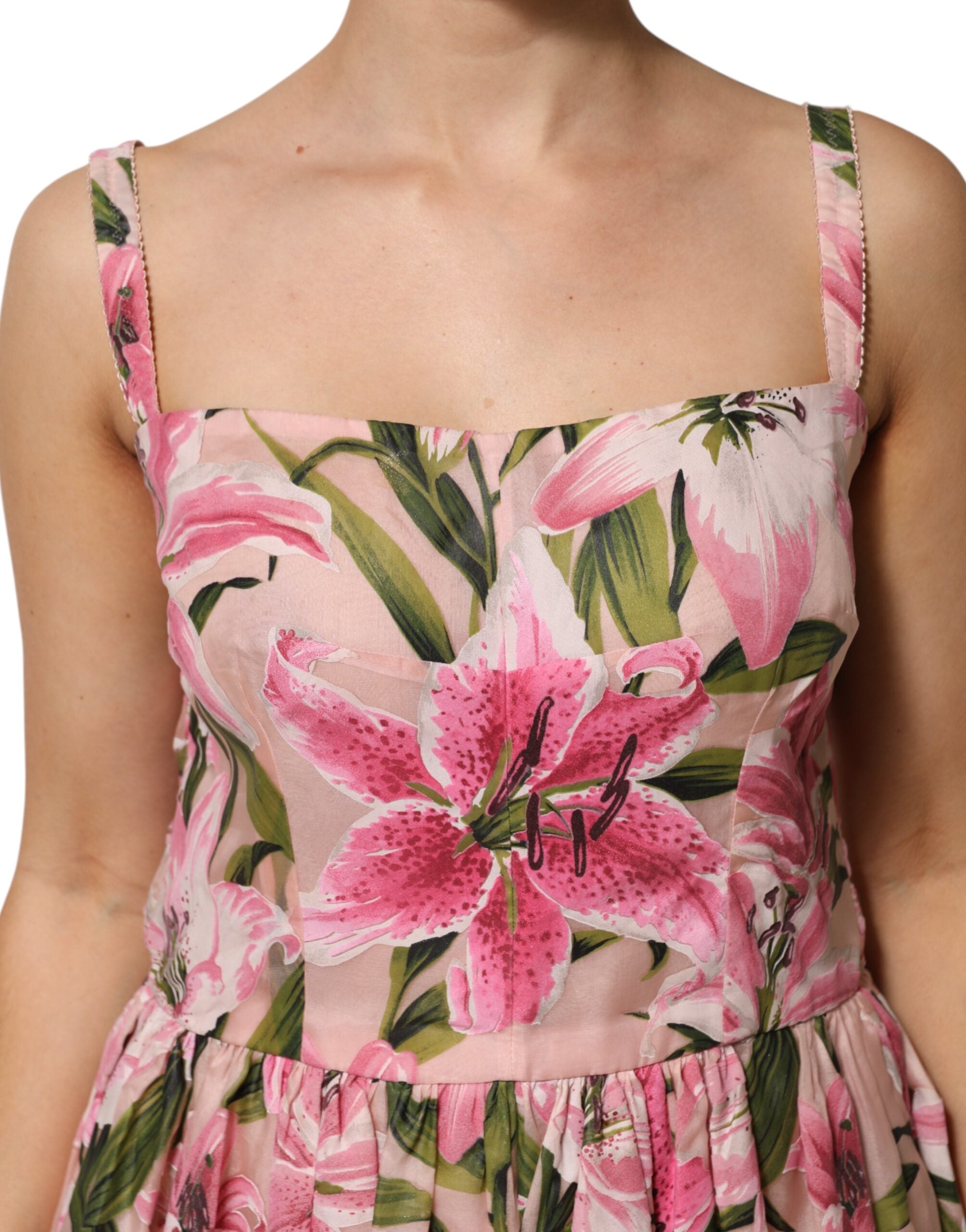 Dolce & Gabbana Pink Floral Lily Print Midi Sleeveless Women's Dress (Pre-Owned)
