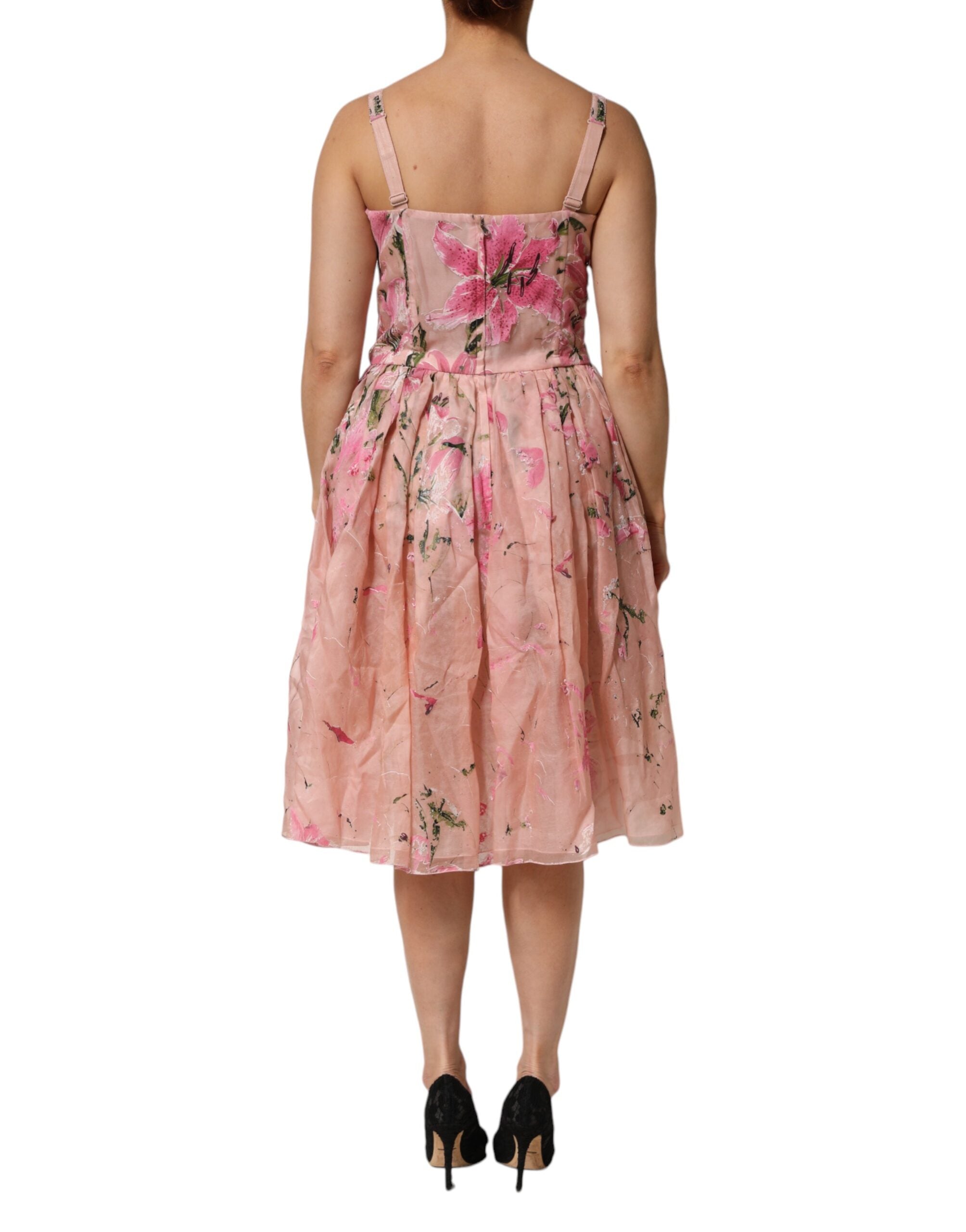 Dolce & Gabbana Pink Cotton Floral Pleated Sleeveless Women's Dress (Pre-Owned)