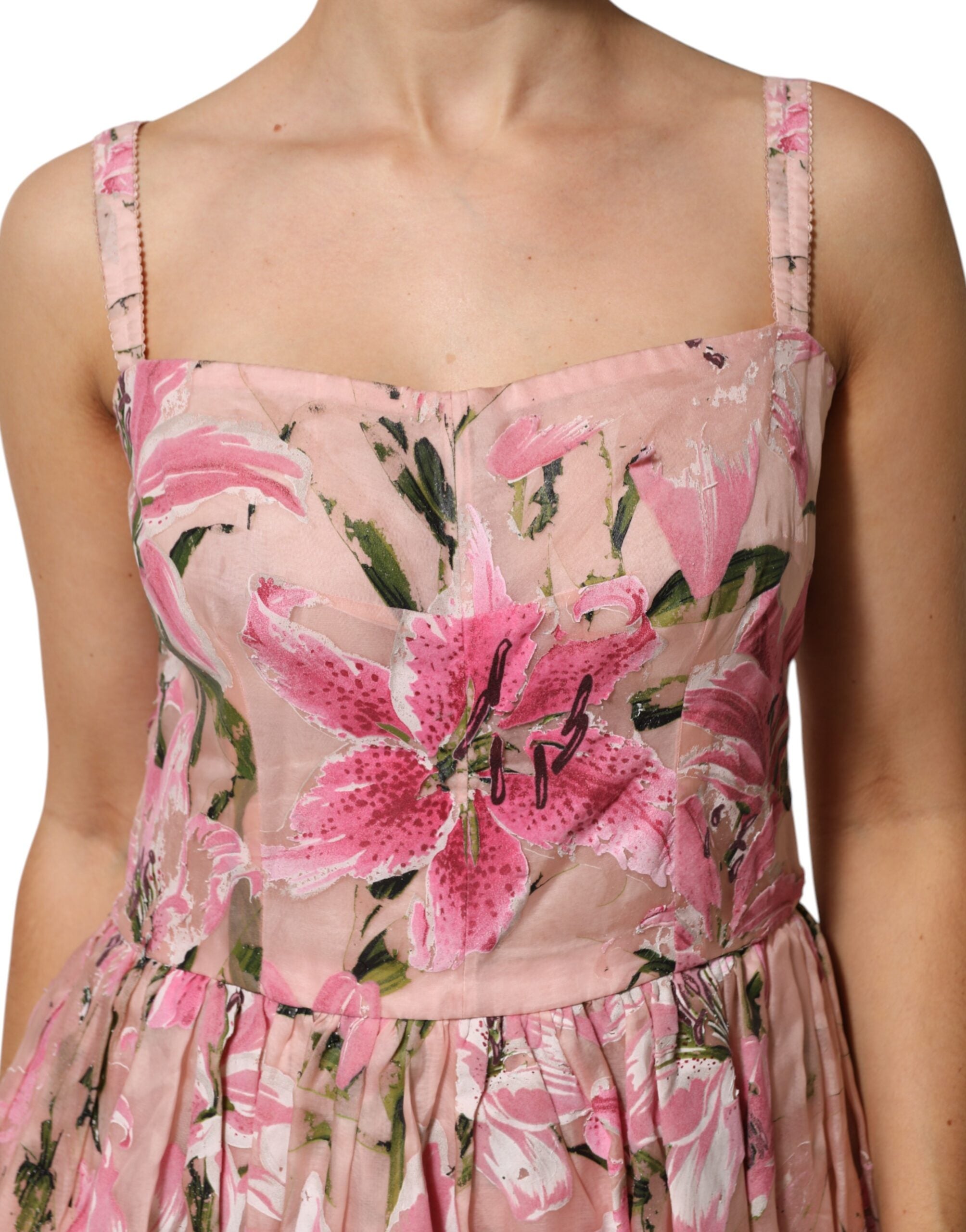 Dolce & Gabbana Pink Cotton Floral Pleated Sleeveless Women's Dress (Pre-Owned)