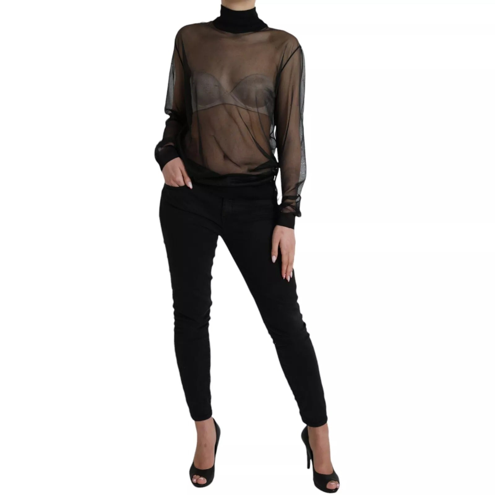 Dolce & Gabbana Black Mesh Turtleneck Sheer Blouse Women's Top (Pre-Owned)