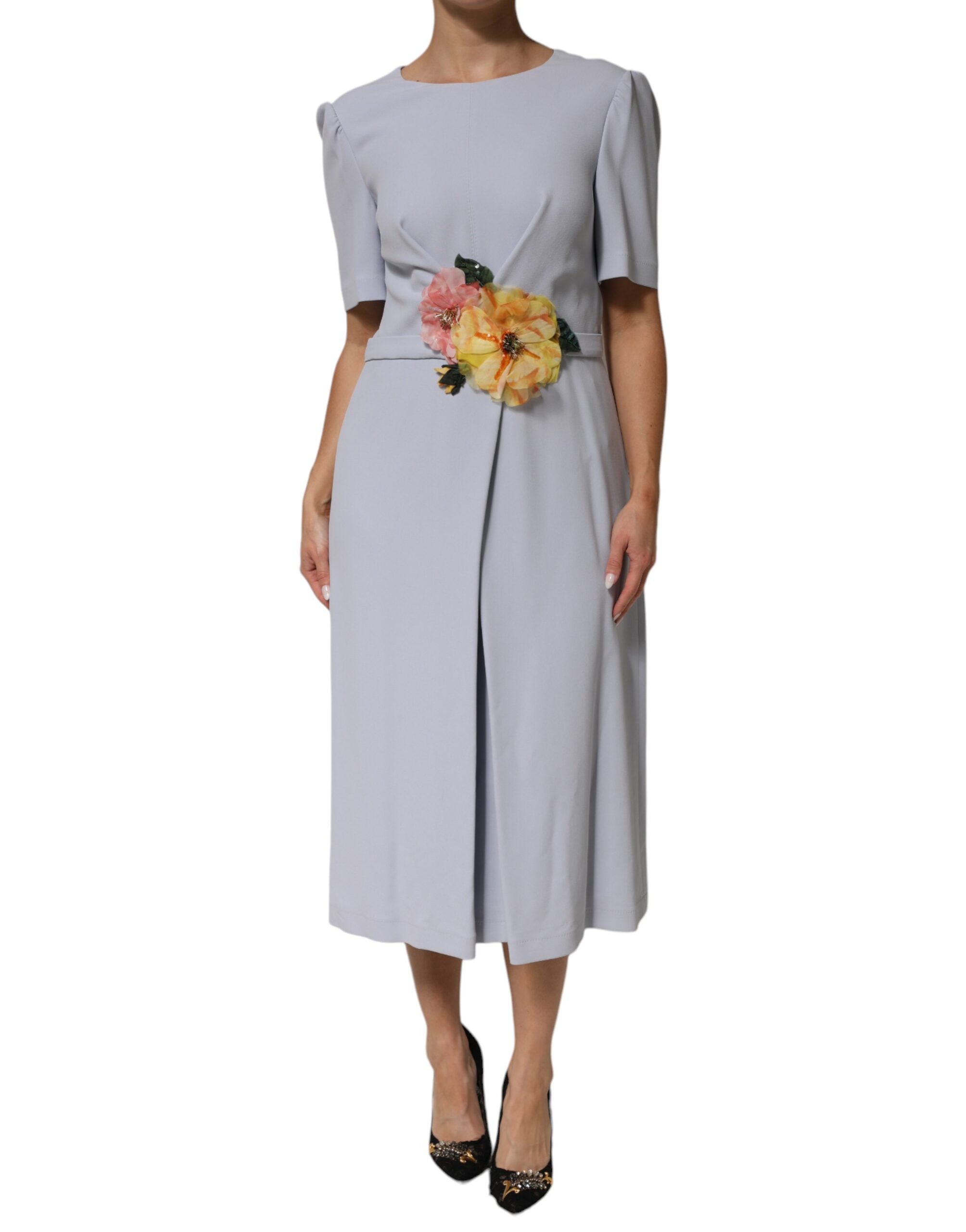 Dolce & Gabbana Light Blue Viscose Blend Floral Applique Women's Dress (Pre-Owned)