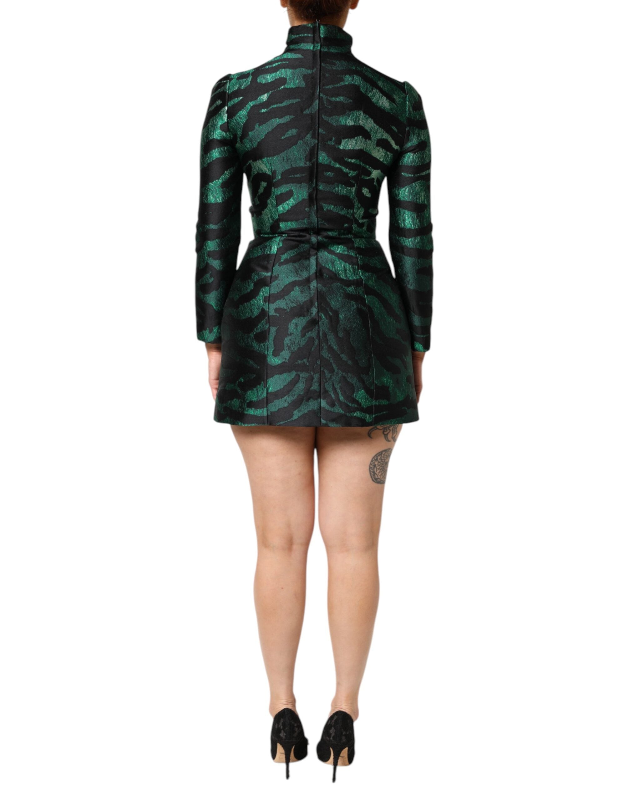 Dolce & Gabbana Black Green Metallic Jacquard Mini Long Women's Dress