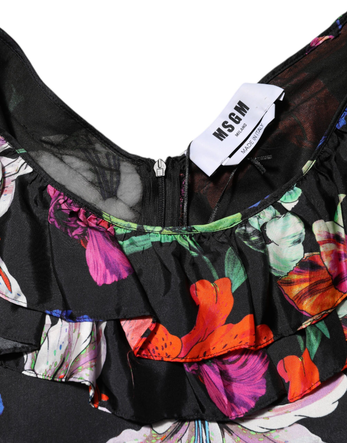 MSGM Women's Black Multicolor Floral Ruffle Long Sleeve Mini Women's Dress
