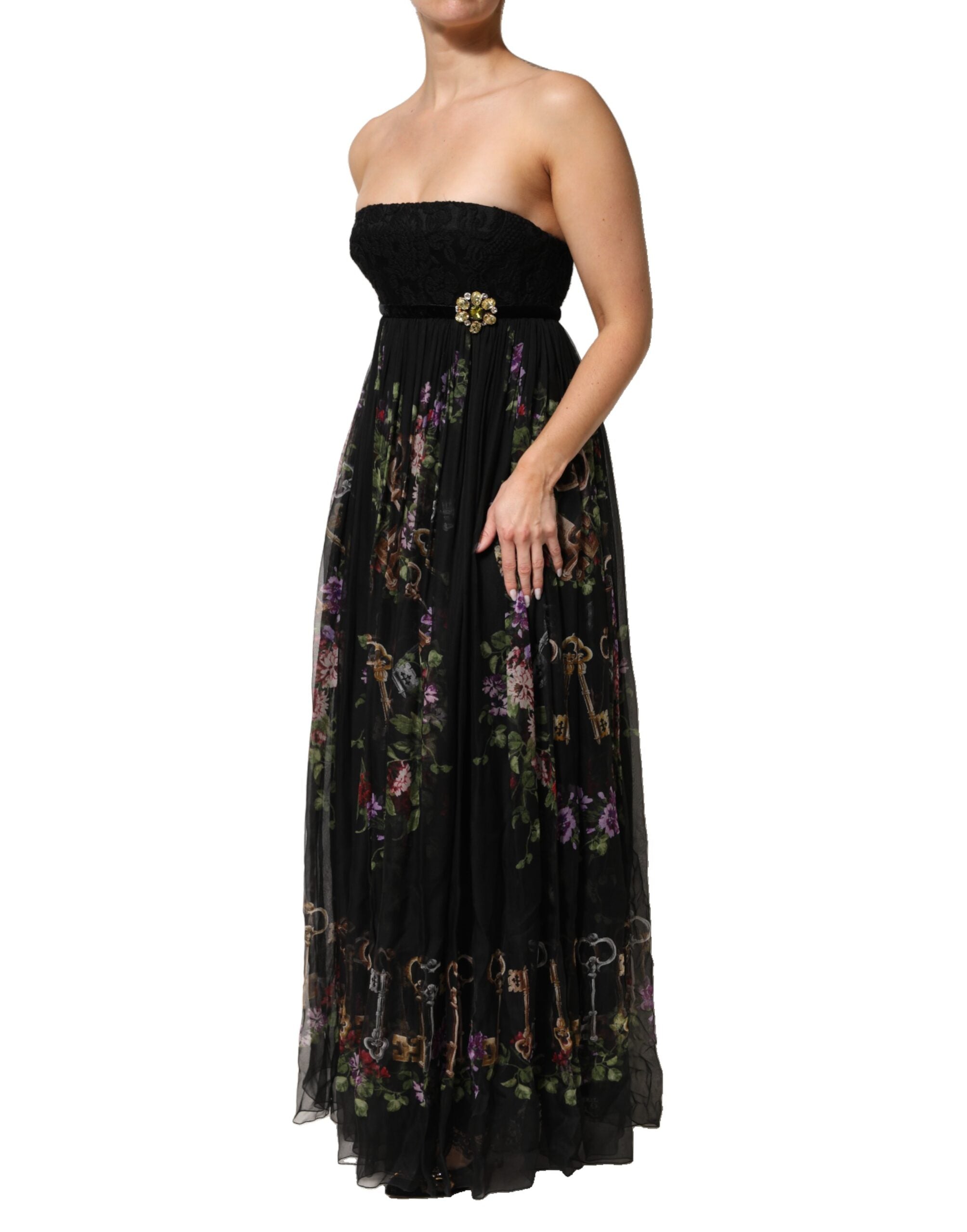 Dolce & Gabbana Black Floral Key Print Crystal Strapless Women's Dress