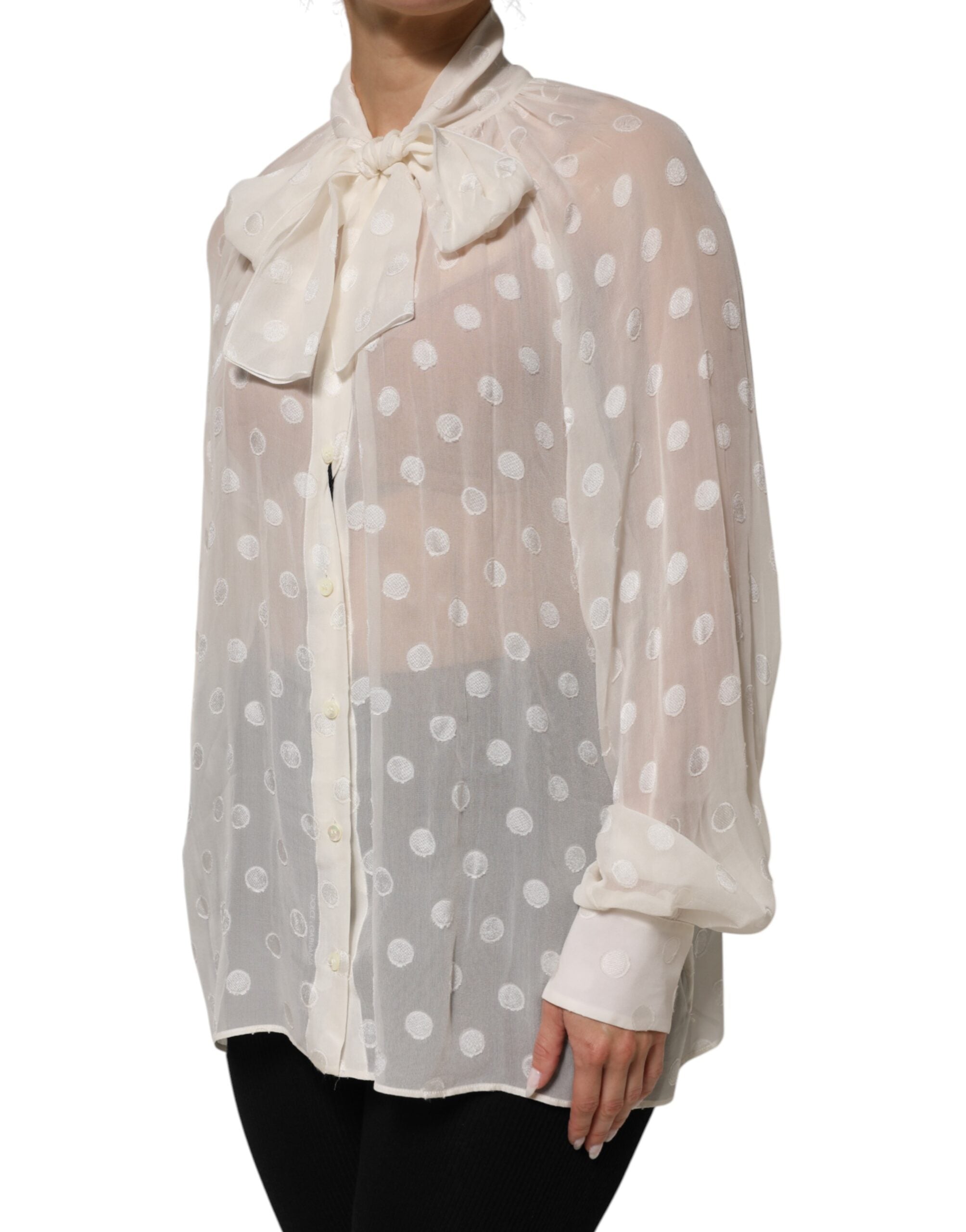Dolce & Gabbana White Polka Sheer Silk Bow Tie Shirt Blouse Women's Top (Pre-Owned)