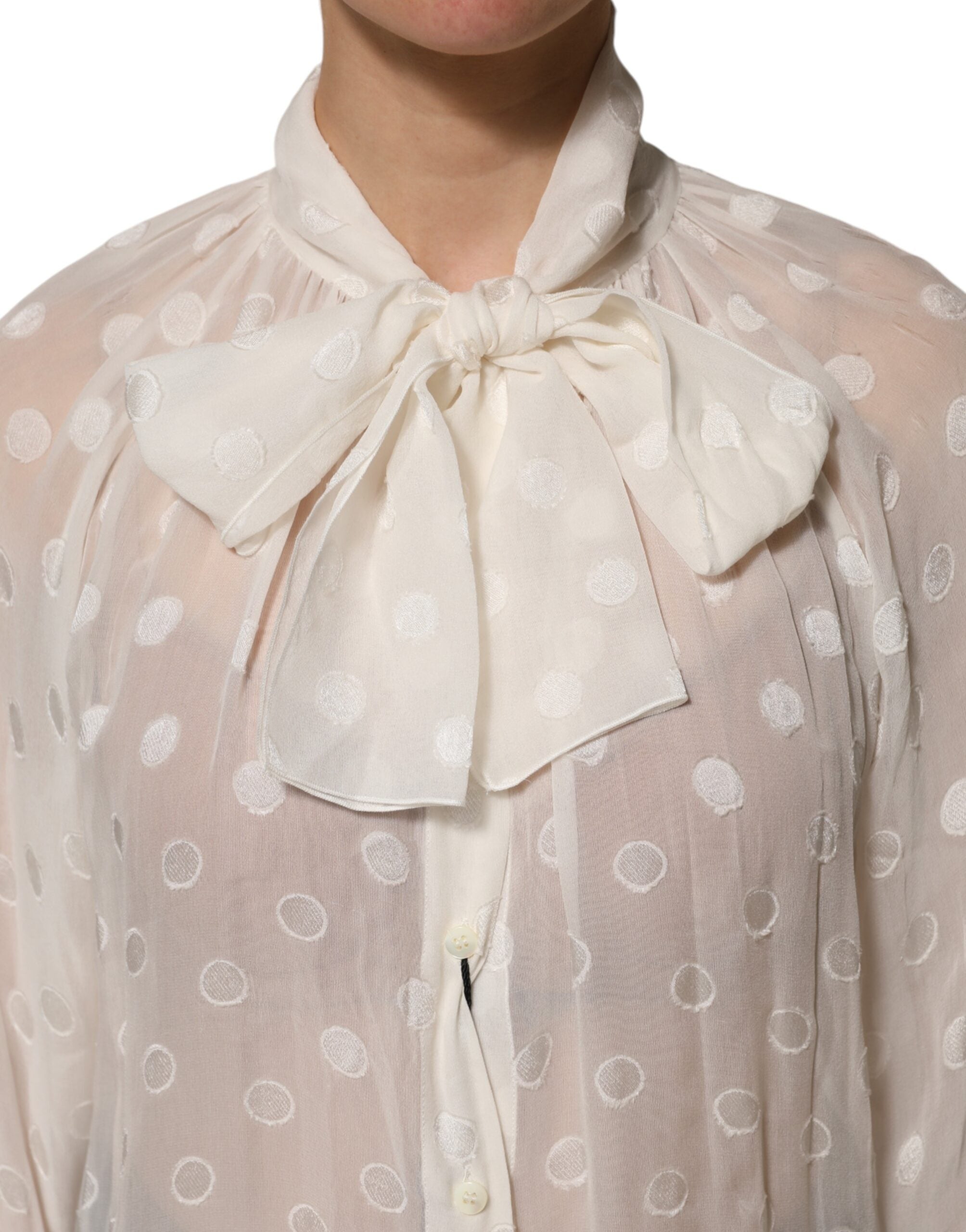Dolce & Gabbana White Polka Sheer Silk Bow Tie Shirt Blouse Women's Top (Pre-Owned)