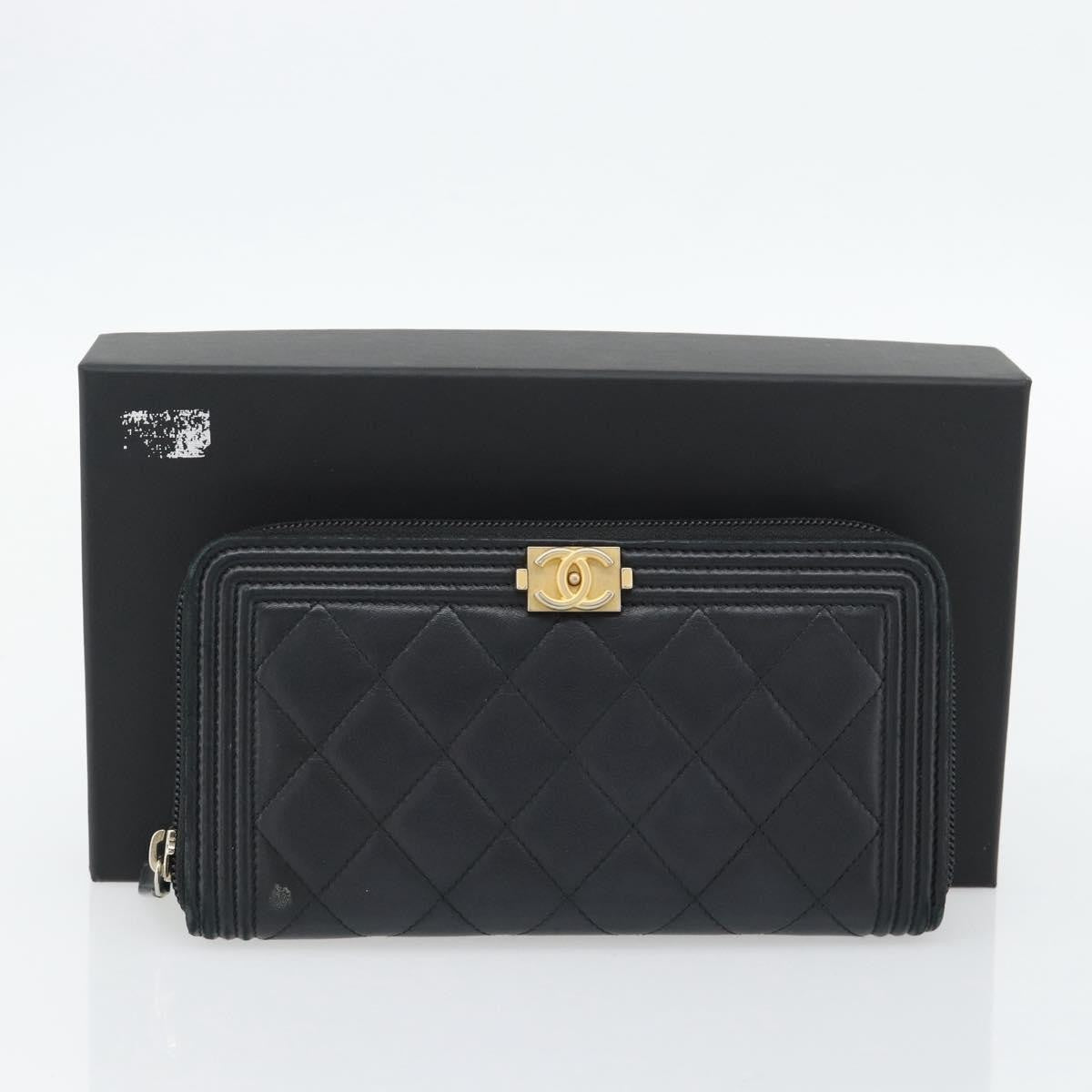 Chanel Boy Zip Around Organizer Quilted Lambskin Black Leather Wallets Accessory (Pre-Owned)