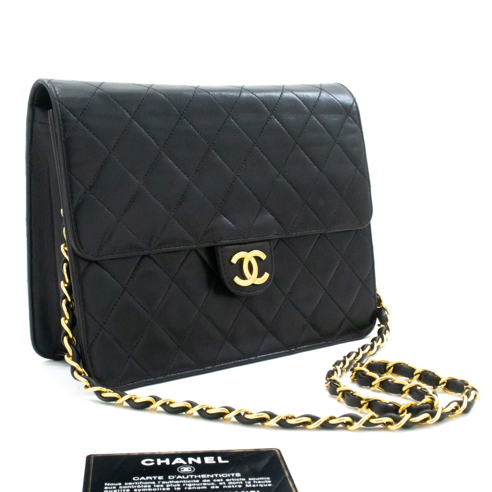 Chanel Vintage Full Flap Quilted Lambskin Black Leather Shoulder Bag Bag (Pre-Owned)