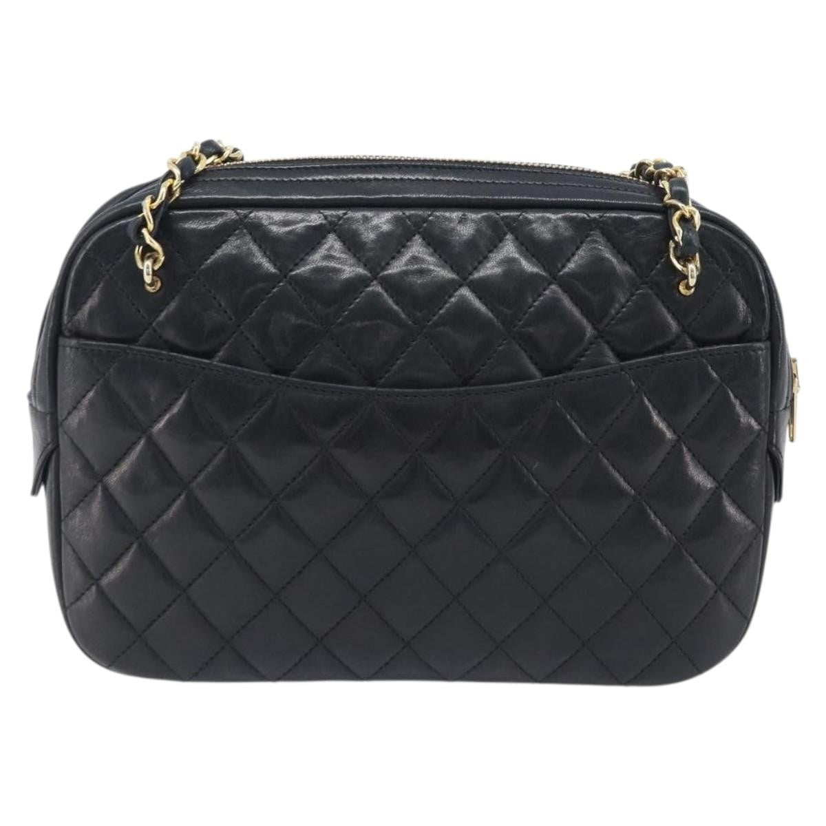 Chanel Vintage Front Pocket Camera Chevron Lambskin Black Leather Handbag (Pre-Owned)