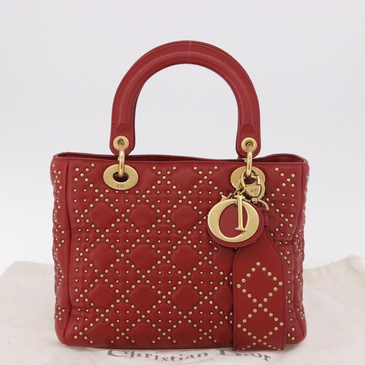 Christian Dior Supple Lady Dior Cannage Studded Lambskin Red Leather Handbag (Pre-Owned)