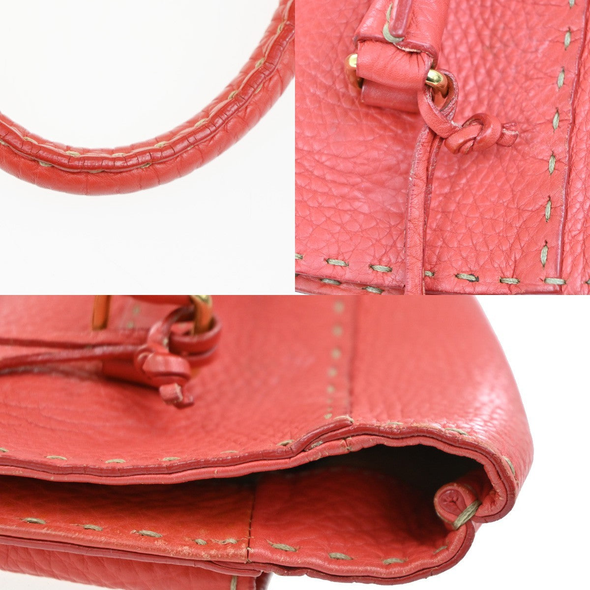 Fendi Selleria Linda Satchel Pebbled Leather Red Leather Handbag (Pre-Owned)