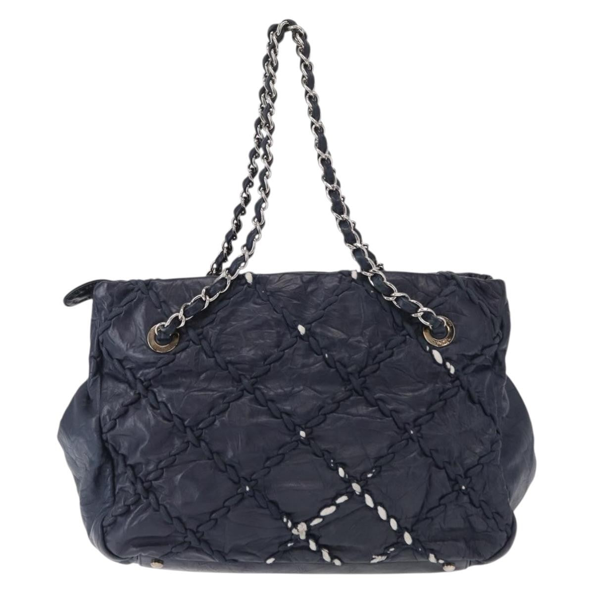 Chanel Ultra Stitch Chain Tote Quilted Calfskin Navy Leather Tote Bag Bag (Pre-Owned)