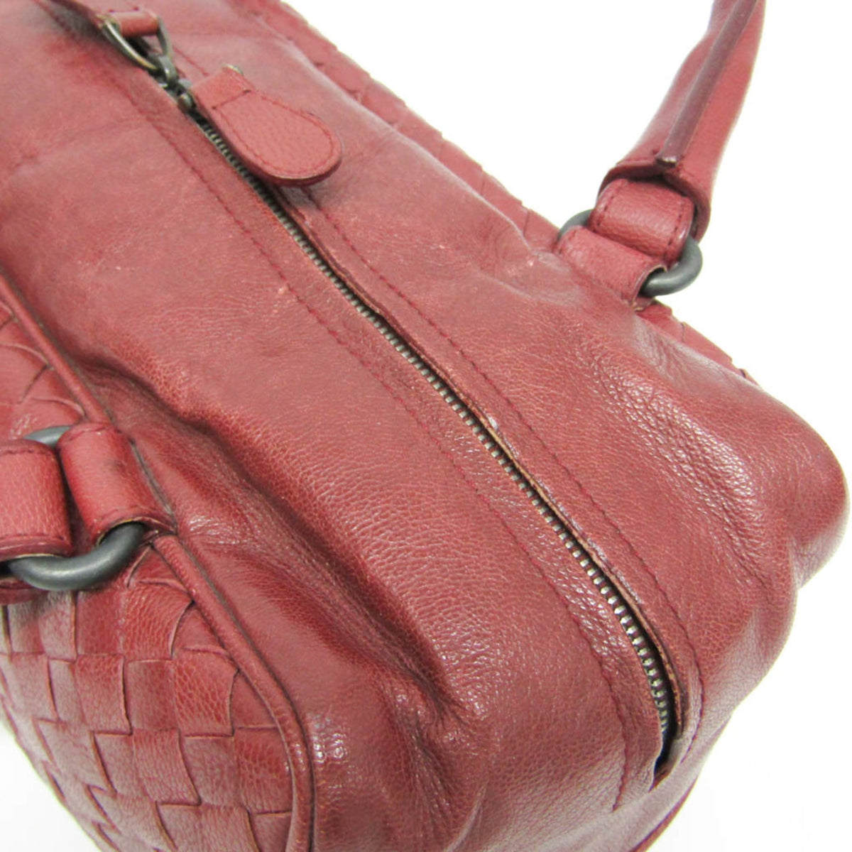 Bottega Veneta Zip Boston Intrecciato Nappa Red Leather Handbag (Pre-Owned)