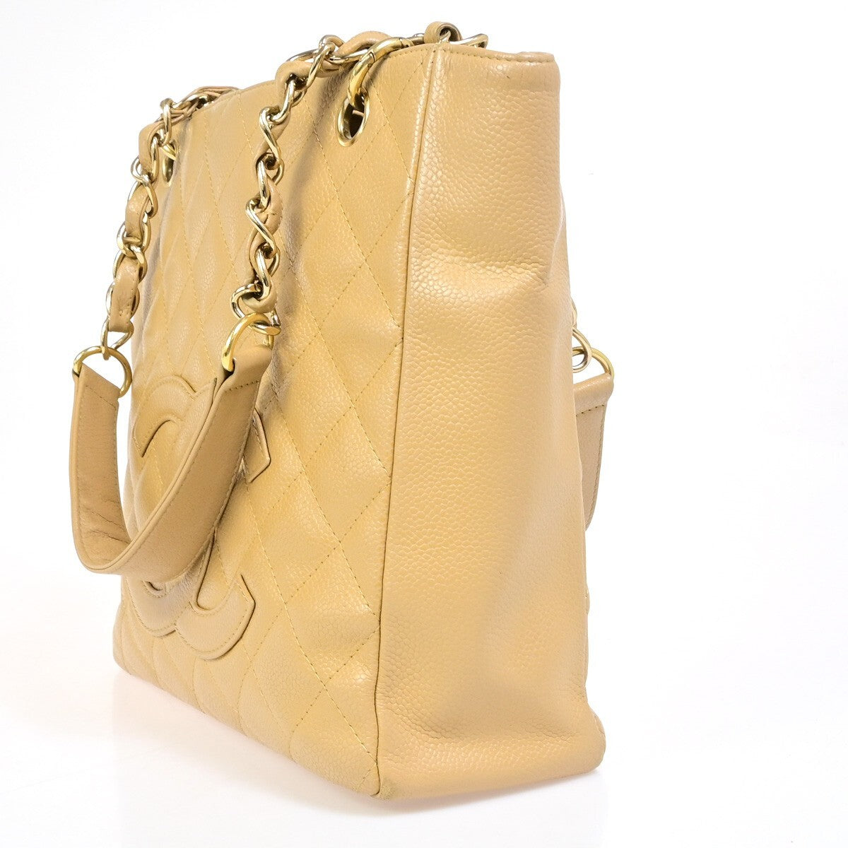 Chanel Petite Shopping Tote Quilted Caviar Beige Leather Bag (Pre-Owned)