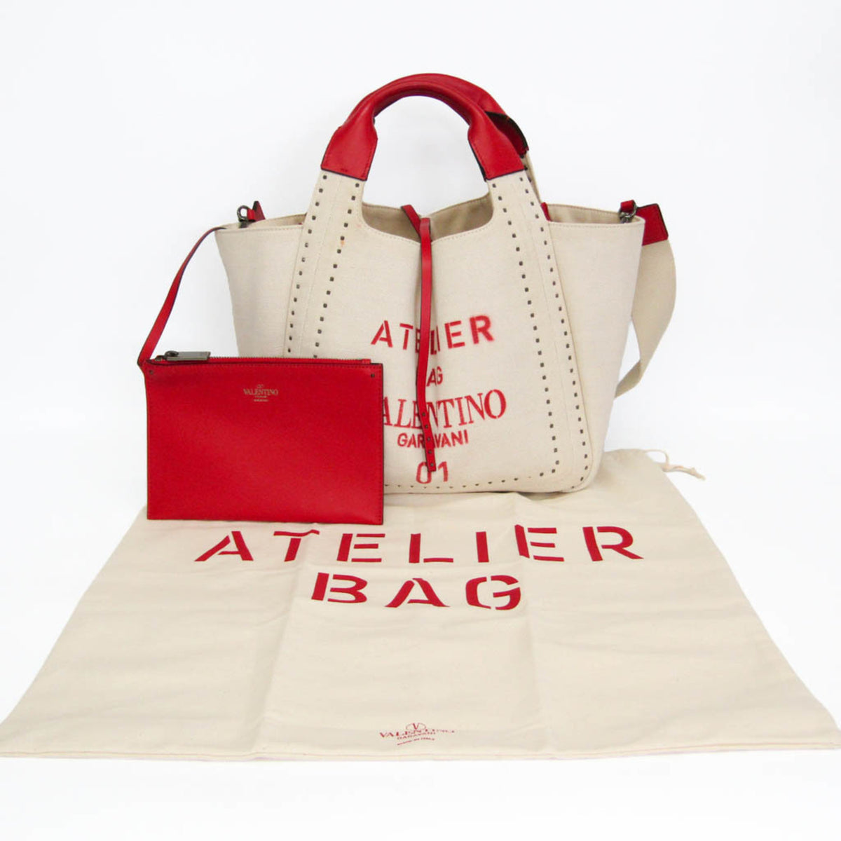 Valentino Garavani Atelier 01 Studded Canvas Red Canvas Tote Bag Bag (Pre-Owned)