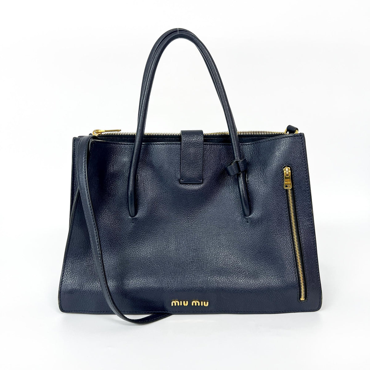 Miu Miu Madras Leather Navy Leather Tote Bag Bag (Pre-Owned)