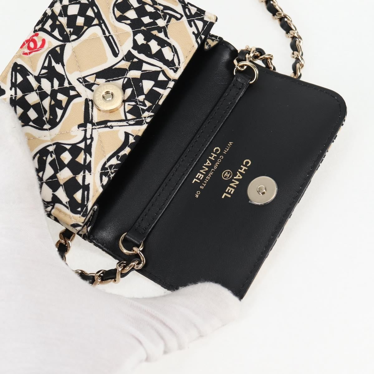 Chanel Flap Card Holder On Chain Quilted Printed Canvas Beige Nylon Shoulder Bag Bag (Pre-Owned)