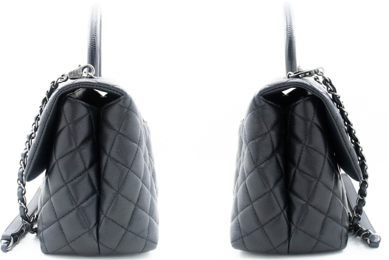 Chanel Top Handle Flap Quilted Caviar Leather Black Calfskin Handbag (Pre-Owned)