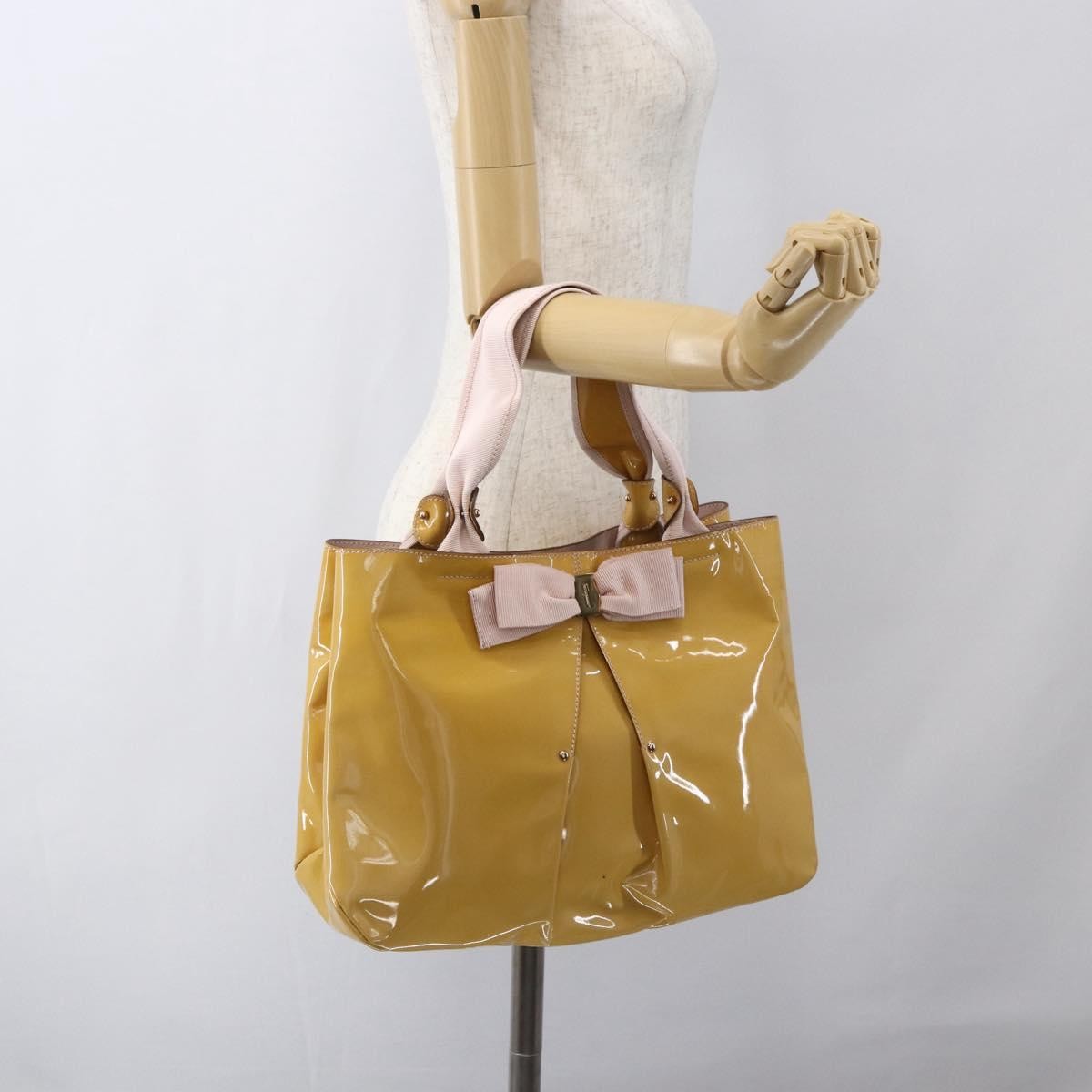 Salvatore Ferragamo Vala Patent Leather Yellow Patent_Leather Handbag (Pre-Owned)