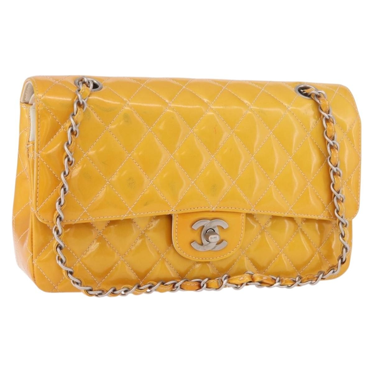 Chanel Timeless - Classic Double Flap Quilted Patent Yellow Patent_Leather Shoulder Bag Bag (Pre-Owned)