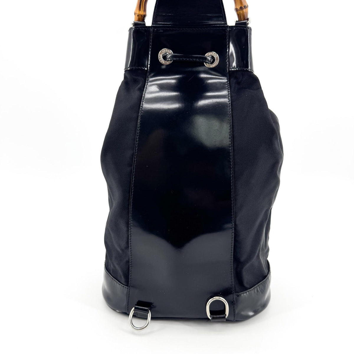 Gucci Vintage Bamboo Drawstring Suede And Leather Black Nylon Backpack Bag (Pre-Owned)