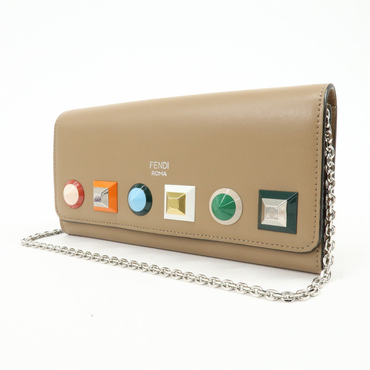 Fendi Continental Wallet On Chain Studded Leather Beige Leather Crossbody Bag Bag (Pre-Owned)
