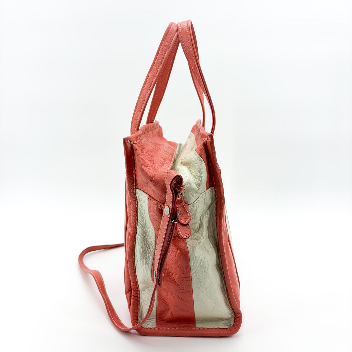 Balenciaga Bazar Striped Leather White Leather Tote Bag Bag (Pre-Owned)