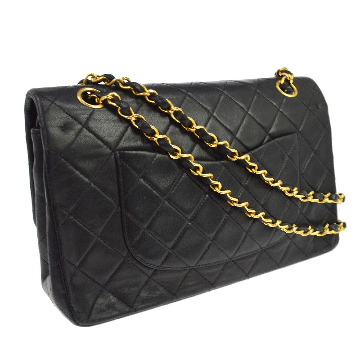 Chanel Vintage Classic Double Flap Quilted Lambskin Black Leather Handbag (Pre-Owned)